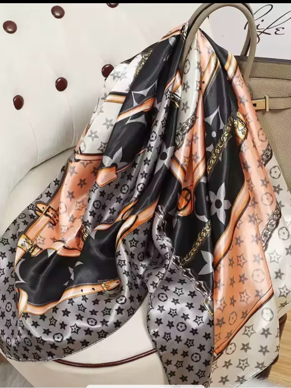 Silky Patterned Women's Fashion Scarf in Black, Peach & Gray